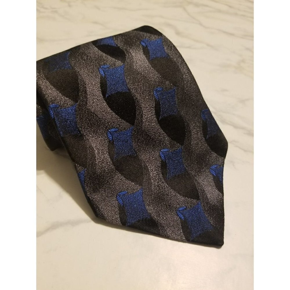 Mondo Sela Mens Formal Neck Tie 57"L ‎ x 4"W black blue and silver 100% Silk